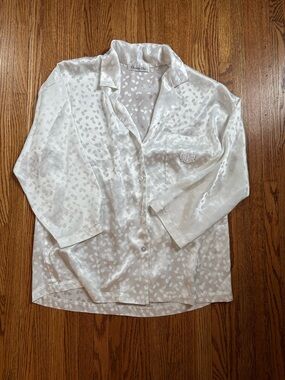 Vintage Christian Dior Cream Satin Button-Up Shirt with Subtle Dot Jacquard